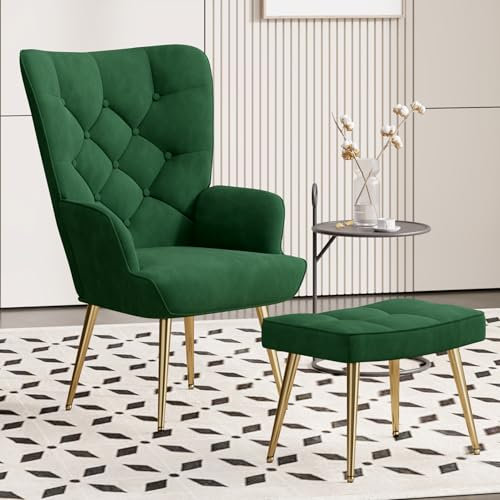 Hawthyhome Eleganter Sessel polsterstuhl Ohnzimmer Sessel Schminktisch Stuhl mit Hocker mit Metall Beinen fürs Wohnzimmer/SchlafzimmerBis 150 KG belastbar Grün