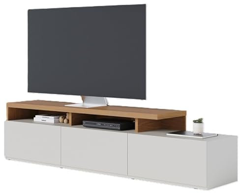 Meuble TV Bar 70 Pouces Chêne et Blanc Grisé 3 Portes 6 Niches L 210 H 50.6 P 45.3 cm