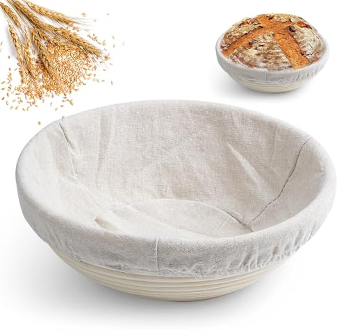 KUWUNG Gärkörbchen Rund, 8 Zoll Gärkörbchen für Brot mit Leineneinsatz, Natürlicher Rattan Gärkorb Brot, Brotkörbchen, Brot Backen Zubehör, für Backbegeisterte und Anfänger