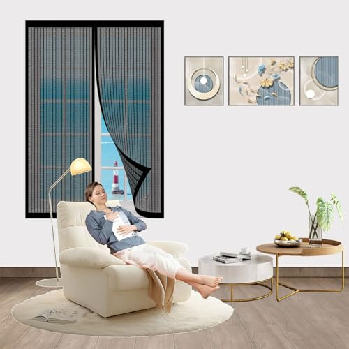 Zanzariera Porta Finestra Scorrevole 104 x 218 cm Chiusura Automatica, Rete Fine Tendina Magnetica per Zanzariera per Legno, Ferro, Porte in Alluminio, Nero