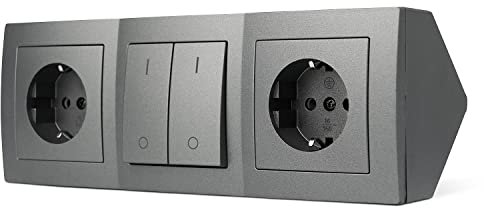 Socket Block 2-Way & 2 x Light Switch, Anthracite, Construction Socket, Socket Strip, Corner Socket, Table Socket, Under-Unit Socket, 230 V / 16 A, and 15 cm Cable, IP20, 3600 W