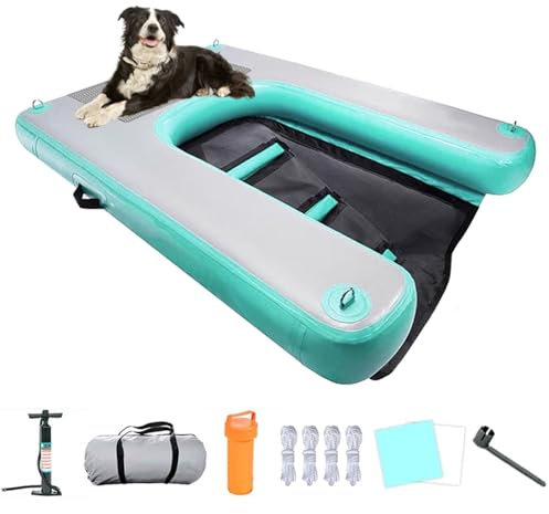 Rampe Piscine Chien Échelle de Rampe de Bateau pour Chien Vert Menthe avec Marchepied, Plateforme Flottante pour Quai Gonflable avec Pompe, Corde et Réparation, Rampe de Piscine Antidérapante pour Chi