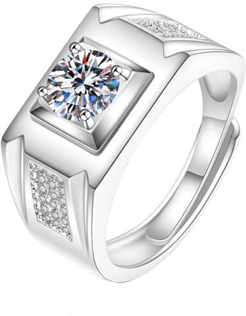 Mesnt Ring Weißgold 585, 14 Karat Weißgold Ringe für Herren Siegelring mit im Labor hergestelltem Diamanten, Größe 54 (17.2)