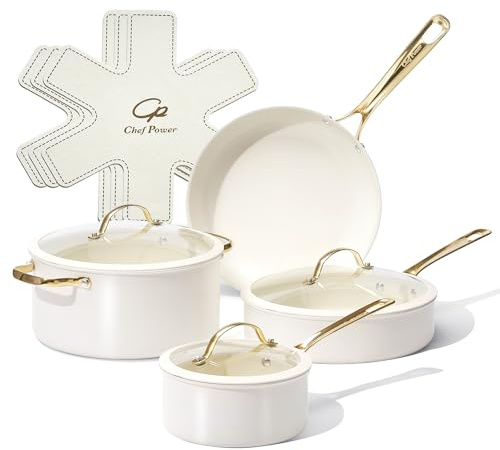 Chef Power Ceramic Cookware Sets, 10Pcs Pots and Pans Set Non Stick, Cookware Set with Stainless Steel Handle, Dishware & Oven Safe, Cream White and Light Gold Handle