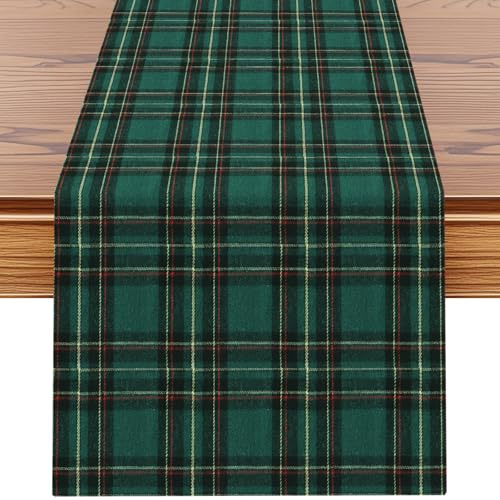 Sungeek Weihnachten Tischläufer, Weihnachtstischdecke Küche Esstisch Tischläufer Dekoration für Drinnen und Draußen Party Wohnzimmer Garten Weihnachtsdeko (40x140 cm, Schottisches Plaid Grün)