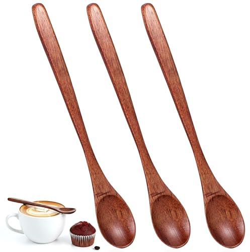 3 PCS Long Handle Wooden Spoon Set - Wooden Honey, Coffee & Tea Spoons Honey Jam Spoon Tablespoon Utensils for Cooking Mixing Stirring Soda Coffee Home Table Spoons 7.68 Inch Brown