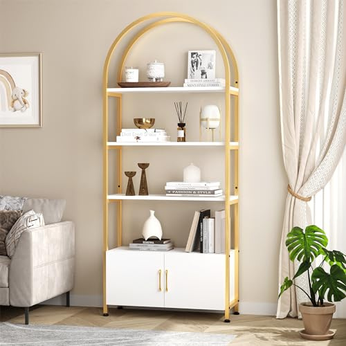 JOLLYTOP Bücherregal Mit Schrank, Bogenregal Mit Stahlrahmen, Industrielles Präsentationsregal, Aufbewahrungsregal Aus Metall Und Holz, Für Wohnzimmer, Homeoffice, Schlafzimmer, Gold und Weiß
