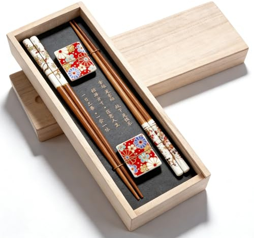 BAIFULAI Juego de palillos de sushi, 2 pares de palillos de sushi de madera con base de cerámica en flor de cerezo, caja de madera premium, palillos sostenibles, japoneses, chinos, coreanos