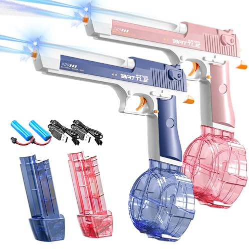 Pistola ad Acqua Elettrica 2 Pezzi, Pistole ad Acqua Ricaricabile con LED, Pistola Acqua Bambini Automatica, Capacità 434+58ml, Portata 8-10M, Giocattolo Estiv per Bambini e Adulti, Piscina, Spiaggia