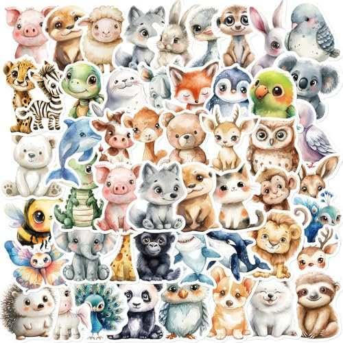 Wasserfarben Tiere Sticker,50 Stück Tier Aufkleber, Belohnungsaufkleber, Wasserfeste Vinyl Sticker Graffiti Aufkleber für Laptop Skateboard Koffer Scrapbook Auto Fahrrad Handy