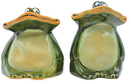 2er Set XL Deko -Frösche, Breitmaulfrösche, Gartenfigur Frosch, Frösche für Garten, Terrasse oder Teich, Froschfiguren aus Keramik, sitzend, lasiert in dunkelgrün, Größe: L/B/H ca. 9 x 9 x 12 cm.