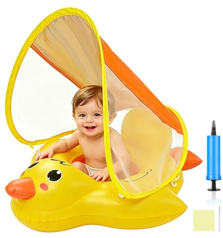 Qingning Flotador para Bebés con Sombrilla Desmontable, Anillo de Natación Bebé con Asiento, Pato Flotador de Piscina Hinchable para Bebés, Flotador Infantil con Toldo para Piscina,Baby Swimming Float