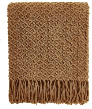 CREVENT Boho-Strickdecke im Landhausstil für Couch, Sofa, Sessel, Bett und Wohnkultur – weich, warm, kuschelig und leicht, ideal für Frühling, Sommer und Herbst (127 x 152 cm, Karamell)