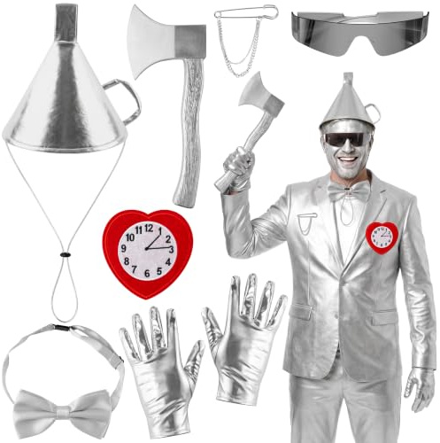 YINGENIVA 7Pcs Halloween Tin Costume for Men Women Adult Cosplay Accessory | Silver Funnel Hat Axe Costume, Heart Clock Brooch Silvery Gloves Bow Tie Sunglasses, Halloween Cosplay Dressing up Party