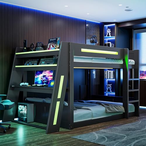 LPdorbe Lit Superposé 140x200cm–Lit Mezzanine Adulte 2 Places,Bois avec Bureau Intégré,2 Étagères,Ports USB et Éclairage LED,Noir et Vert
