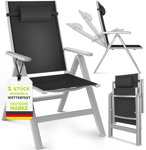 tillvex® Gartenstuhl Hochlehner 1 Stück mit Armlehnen & Kopfkissen | Klappstuhl 7-fach Verstellbar | Campingstuhl Klappbar, Wetterfest & Atmungsaktiv | Gartenstühle Balkon Terrasse Aluminium