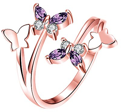 Boowhol Damen Ring 925 Sterling Silber Rose Gold Partnerringe Amethyst Zirkonia Fliegende Vier Schmetterling Öffenung Silberring Ewig Ring Bandring (Rose-Gold)
