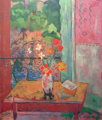 Kunst für Alle Reproduction/Poster: Oskar Moll Bouquet de Fleurs Devant Une Porte de Balcon Ouverte - Affiche, Reproduction Artistique de Haute qualité, 65x75 cm