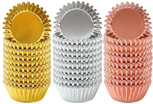 Elcoho 600 Pieces 1.25 Inch Mini Foil Metallic Cupcake Liners Muffin Paper Cases Baking Cups, Gold, Silver and Rose Gold (Gold, Silver and Rose Gold)
