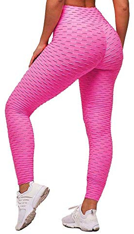 Memoryee Damen Honeycomb Leggings Geraffte Hintern Heben Hohe Taille Push Up Boom Booty Sport Leggings mit Bauchkontrolle Plus Größe Blickdichte Dehnbare Gym Yogahosen/Rose Rot/XL
