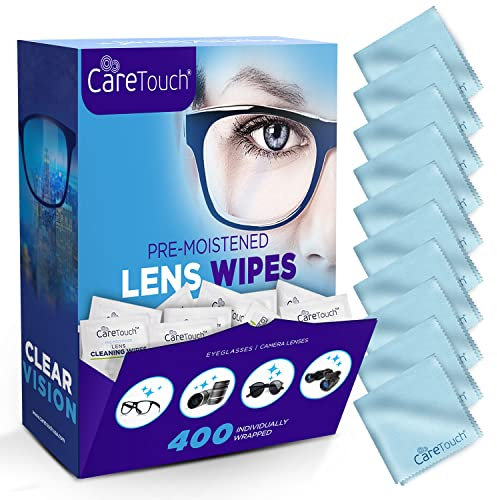 Care Touch Lingettes pour lunettes avec chiffons en microfibre, 400 lingettes pour lunettes et 10 chiffons en microfibre – Lingettes pour lunettes emballées individuellement, lingettes nettoyantes