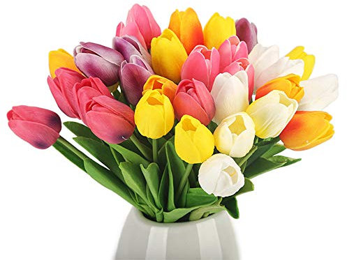 30 Pezzi di Tulipani in Lattice Artificiale, Tulipano Realistico con Foglie Verdi, Decorazioni di Fiori Finti di Colori Misti per Bouquet da Sposa, Casa, Hotel, Festa, Ufficio