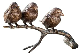IDYL Bronze-Skulptur DREI Spatzen auf einem AST | 12x9x20 cm | Tierfiguren aus Bronze handgefertigt | Gartenskulptur oder Wohnbereich-Dekoration | Hochwertiges Kunsthandwerk | Wetterfest