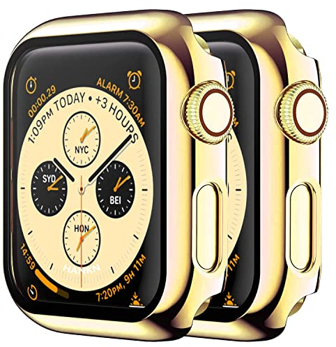 HANKN (2 Stück Hülle für Apple Watch Series 3 2 1 38mm Temperierte Glas Schutzhülle, Plattiert Hart Bildschirmschutz Gehäuse iWatch Eingebaut Displayschutzfolie - Gold+Gold, 38 mm