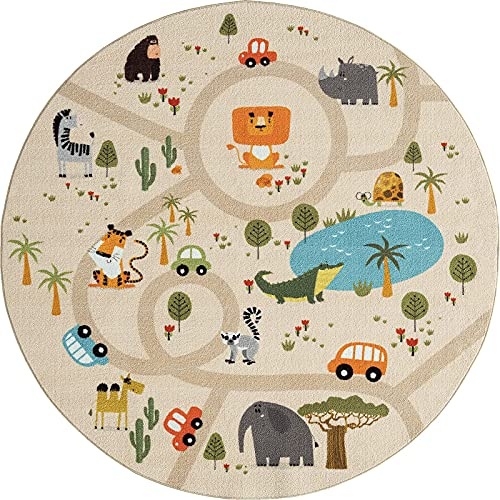 the carpet Happy Life Kinderzimmer, Kinderteppich, Spielteppich, Waschbar, Straßenteppich, Straße, Dschungel, Tiere, Auto, Rund, Beige, 200 cm Rund