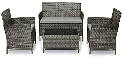 EVRE Grey Rattan Garden Furniture Set Patio Conservatory Balcony Indoor Outdoor 4 Seater Piece Glass Top Coffee Table Modular Sofa Loveseat with Cushions