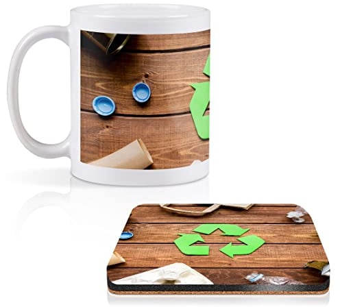 1 x 11oz (284ml) White Ceramic Mug Cup & 1 x Square Wooden Cork Coaster - Eco Recycling Symbol Sign Bins Design for Coffee Tea Drinks Kitchen Birthday Office #21487
