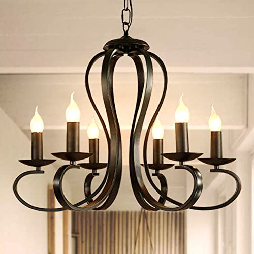 Lfoute Antik Kronleuchter Kerze Hängende Lampe Vintage Eisen Pendellampe Französischer Landhausstil Für Restaurant Kücheninsel Esszimmer Schlafzimmer Foyer Rustikale Pendelleuchte 6 Heads,Schwarz