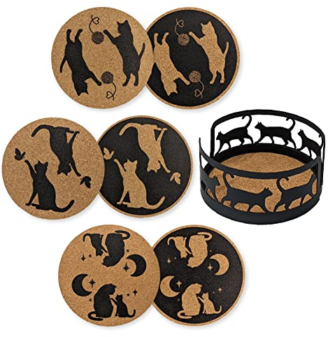 Mango Steam Set of Six Cat Decorative Coasters For Drinks & Mugs With Metal Holder, Black