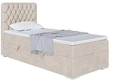 MEBLINI Boxspringbett mit Bettkasten - Gepolstert Einzelbett mit Matratze und Topper - Polsterbett mit Stauraum - Bett mit Kopfteil - Stauraumbett - Dalia - 90x200 Rechts - H3/Creme Samt