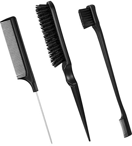 Dacitiery 3 Pcs Slick Brush Set - Hair Teasing & Edge Control Brushes, Grooming Combs, Rat Tail Comb & Double Sided Edge Brush for Women, Babies & Kids (Black)