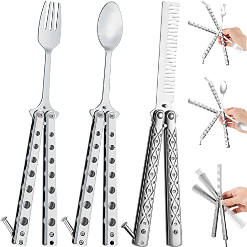 Eaasty 3 Pieces Butterfly Comb,Fork and Spoon Set,Tactical Stainless Steel Folding Butterfly Spoon for Camping Hunting Travel Outdoor(Silver)