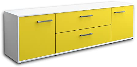 TV-Board Lowboard Aquilina, Korpus in Weiss matt, Front im trendigem Gelb (180x49x35cm), mit Metall Griffen, Made in Germany