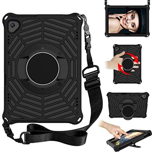 Tablet Case for Huawei Mediapad T5 10 10.1 Inch, Kids Friendly 360 Rotatable, Built in Kickstand, with Shoulder Strap, Heavy Duty Shockproof Rugged Protective Cover Spider Web Pattern Black