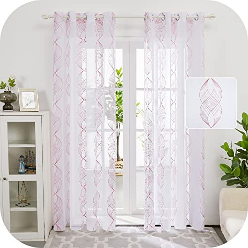 Deconovo Tende per Interni in Voile Trasparenti 2 Pezzi, Tende per Camera da Letto a Spirale Ricamate Moderne per Soggiorno con Occhielli, Rosa, 140x245 CM
