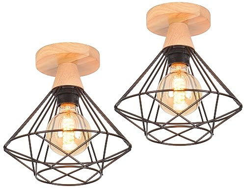 iDEGU 2 Stücke Deckenleuchten 22cm Industrielle Deckenlampe aus Holz und Metall Vintage Lampe mit Geometrischem Käfig Schwarz Lampenschirm E27 Retro Deckenbeleuchtung für Flur Wohnzimmer (2x Lampen)