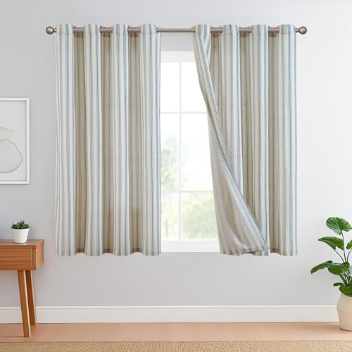 TOPICK Leinen Gestreifte Vorhänge Blau Streifen Gardinen mit Ösen Ticking Streifen Muster Leinenoptik Vorhänge Lichtfilterung für Wohnzimmer Nadelstreifen Gardine Blickdicht 2 Stück 130x145cm