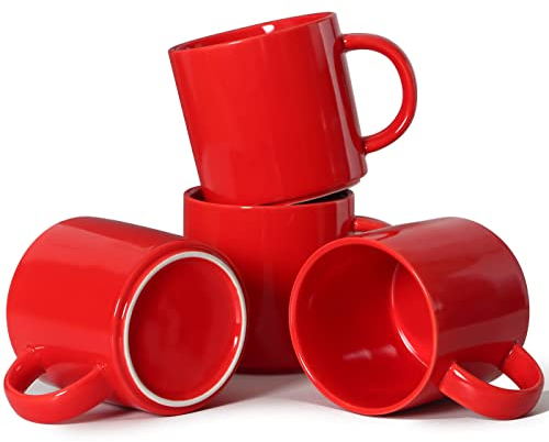 Smilatte 12 oz Stackable Coffee Mugs, M101 Novelty Ceramic Cup for Boy Girl Lover, Set of 4, Red