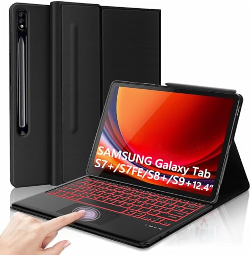 Tastatur Hülle mit Touchpad für Samsung Galaxy Tab S10+ Plus(2024)/S9+/S8+/S7 FE/S7+12,4 Zoll - TPU Schutzhülle mit Stifthalter,QWERTZ Deutsch Bluetooth Tastatur Hülle für S9Plus/S8Plus/S7Plus/S7FE