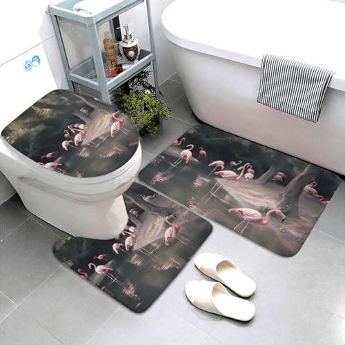 HaLvah Badezimmerteppich, Badteppiche für Badezimmer, rosa Flamingo, 1 rutschfeste Badematten, Badezimmerteppich-Set, 3-teilig, saugfähig, Badteppich, WC-Vorleger für Badezimmer, Plüsch, Duschvorleger