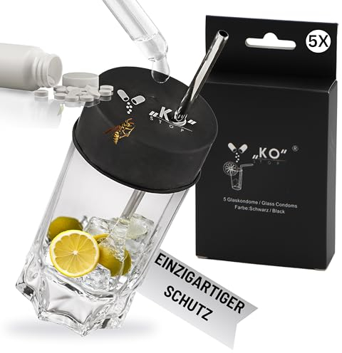 Ko Stop 5er Set Getränkeschutzdeckel – Einweg-Schutz vor K.O.-Tropfen, Insekten & Pillen – Schwarz, aus Naturkautschuklatex – mit Trinkhalmloch – Festival Drink Cover in Metalldose