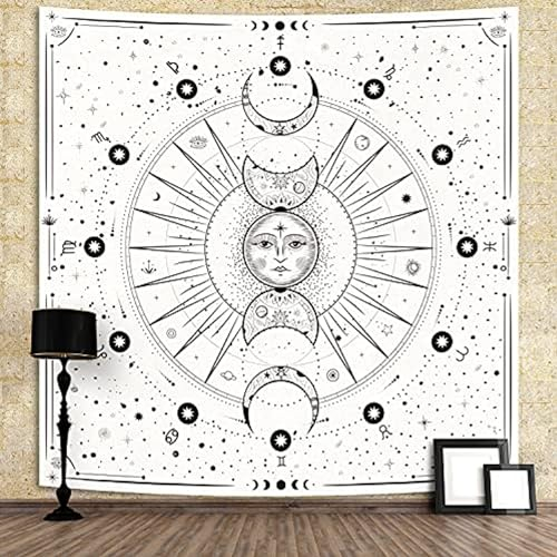 Arawat Wandteppich Mondphasen Wandtuch Weiß Wandteppich Mond Wanddeko Psychedelic Teppich Gothic Wandteppiche Tapestry Trippy Wandtuch Wandbehang Wand Deko (150 x 130cm)