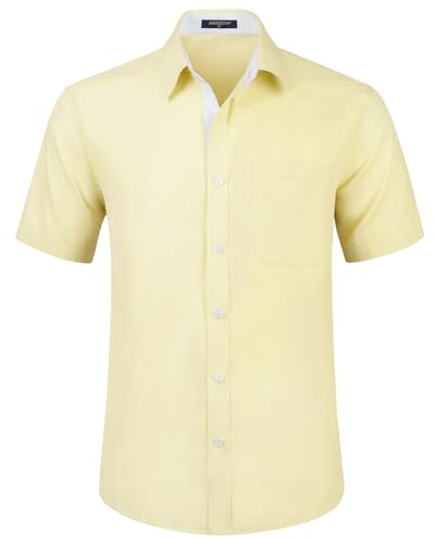 HISDERN Mens Short Sleeve Yellow Shirt Regular Fit Formal Casual Dress Button Down Business Shirt with Chest Pocket,M