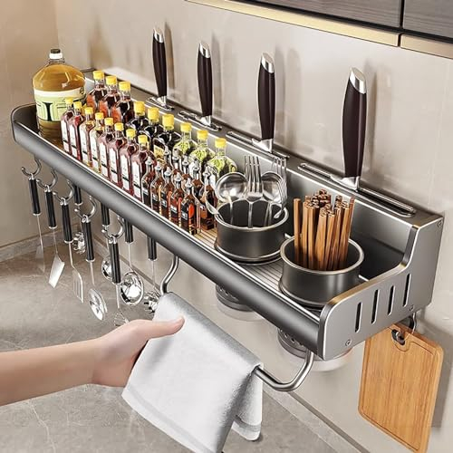Edumov Gewürzregal Küchenregal Wand ohne Bohren, Gewürzregal Hängend mit Küchenutensilienhalter und Haken, Küchen-Organizer, Gewürzständer Schranktür für Küche Badezimmer Balkon(Gun Gray,40cm)