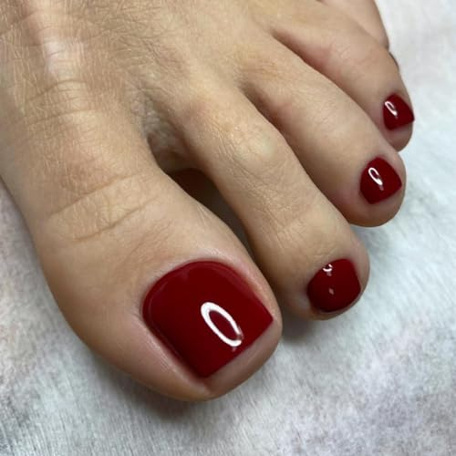 MouyouGlow 24 Pièces Faux Ongles D'orteil à coller Court,Carré Bordeaux Rouge Unicolore Wine Red Fake Ongles Pieds Toe Nails Full Cover Orteils Press on Nails avec Colle