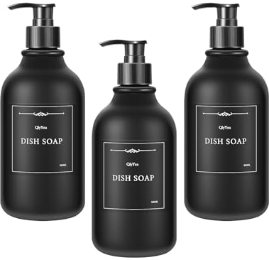 QlyYea Distributeurs Savon Noir, 3 Pièces Flacon Pompe Vide 500ml, Distributeur Shampoing et Gel Douche en Plastique avec Étiquettes, pour Cuisine et Salle de Bain, Noir Mat